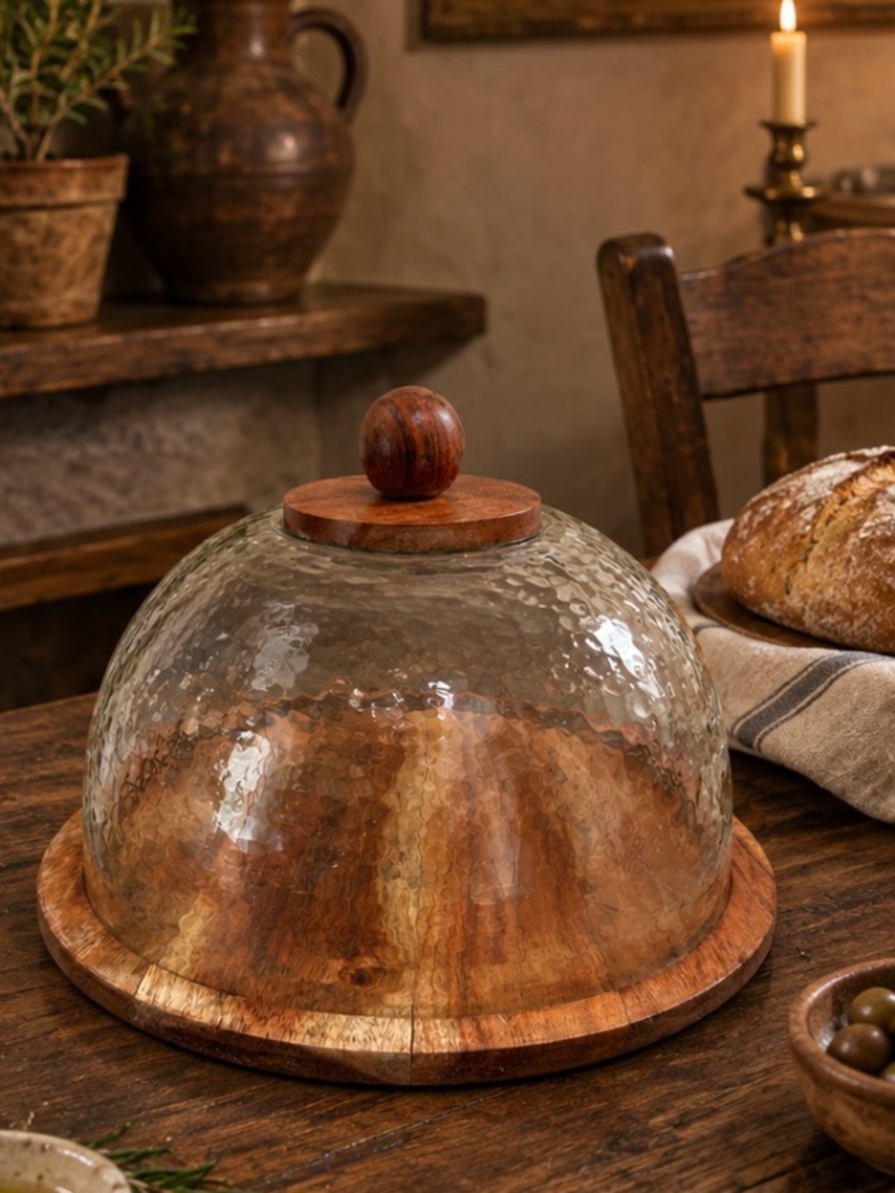 Wood & Hammered Glass Dome Cake Stand with Knob - Round Cloche Natural Brown 11”